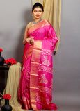 Rine Pink Block Print Zari Border Pure Silk Mark Certified Tussar Silk Sarees