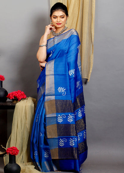 Blue Block Print Zari Border Pure Silk Mark Certified Tussar Silk Sarees