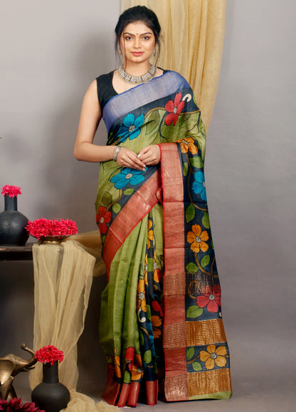 Green Beautiful Hand Paited  Zari Border Pure Silk Mark Certified Tussar Silk Kalamkari Sarees