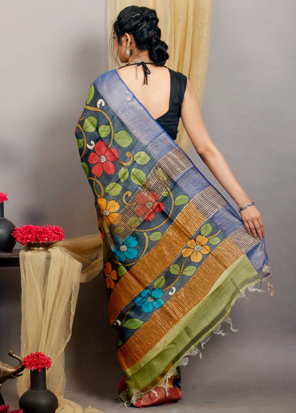 Green Beautiful Hand Paited  Zari Border Pure Silk Mark Certified Tussar Silk Kalamkari Sarees