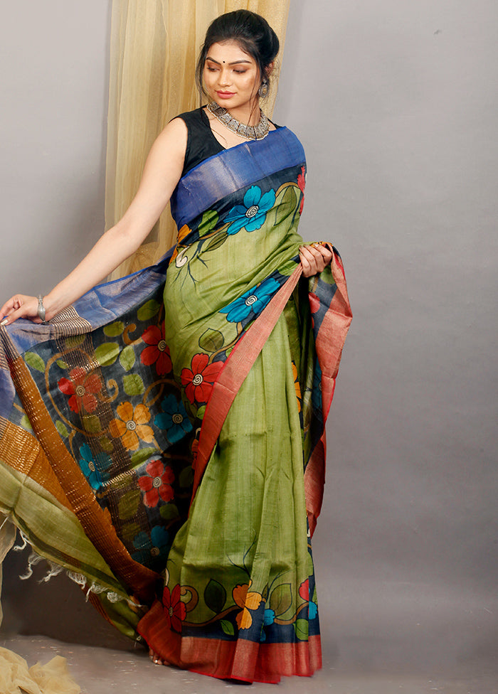 Green Beautiful Hand Paited  Zari Border Pure Silk Mark Certified Tussar Silk Kalamkari Sarees