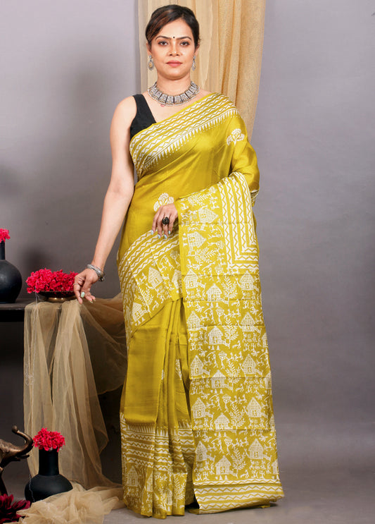 Lemon Yellow Pure Silk Mark Certified Bishnupuri Block Printed  Silk Sarees