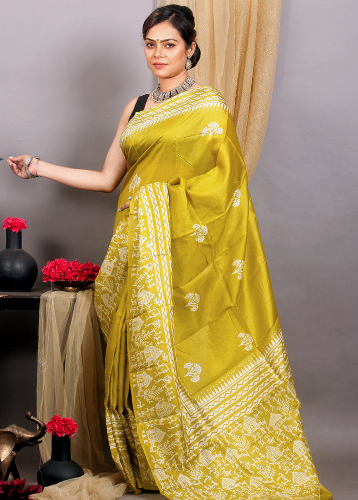 Lemon Yellow Pure Silk Mark Certified Bishnupuri Block Printed  Silk Sarees - Dailybuyys