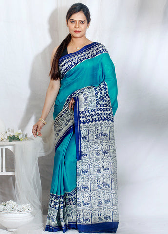 Blue Color Pure  Silk Mark Certified Bishnupuri Block Printed  Silk Sarees