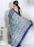 Blue Color Pure  Silk Mark Certified Bishnupuri Block Printed  Silk Sarees