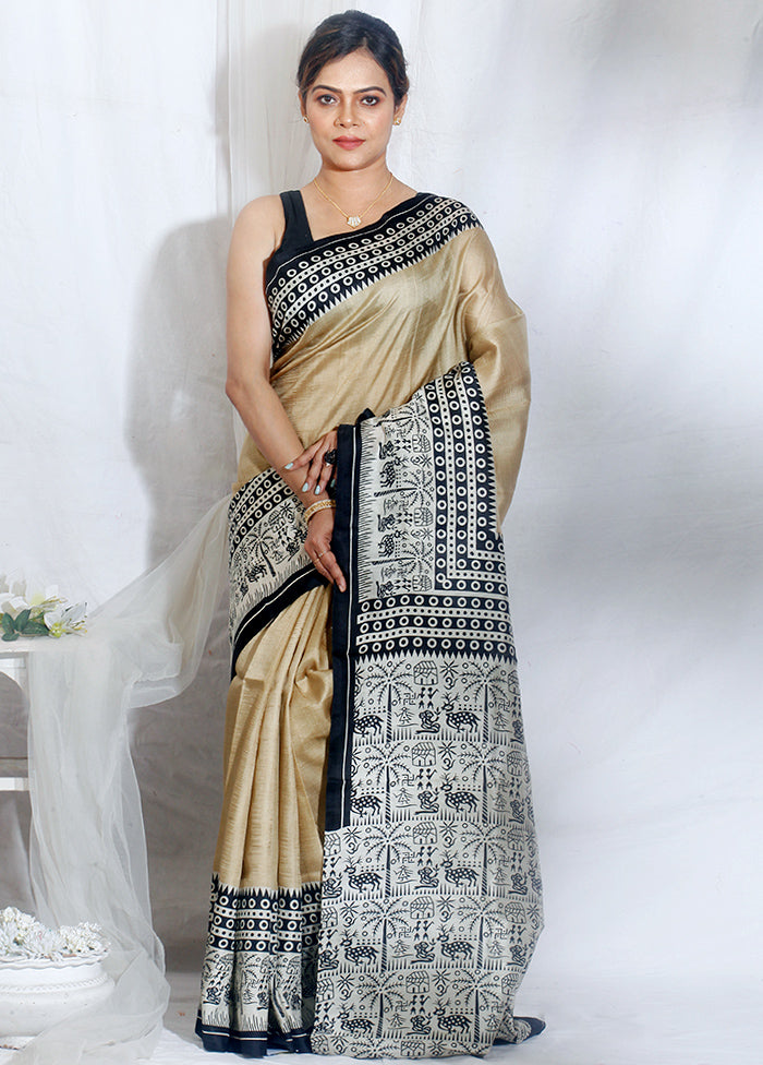 Cream Color Pure  Silk Mark Certified Bishnupuri Block Printed  Silk Sarees