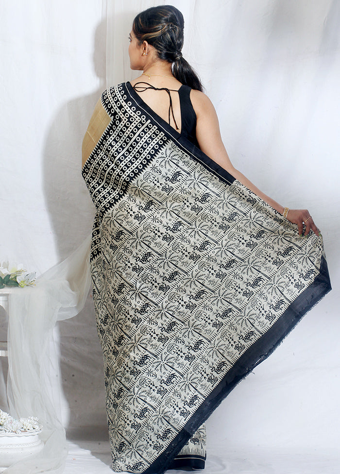 Cream Color Pure  Silk Mark Certified Bishnupuri Block Printed  Silk Sarees