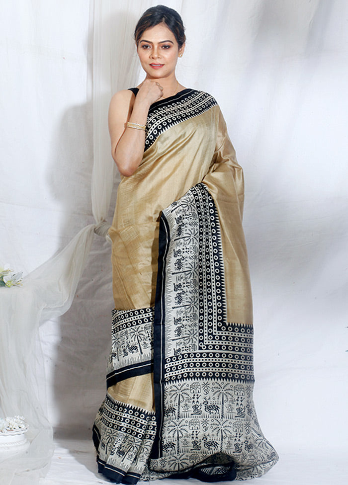 Cream Color Pure  Silk Mark Certified Bishnupuri Block Printed  Silk Sarees