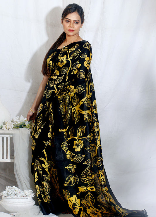 Black Hand Painted Pure Silk Mark Certified Bishnupuri Silk Sarees