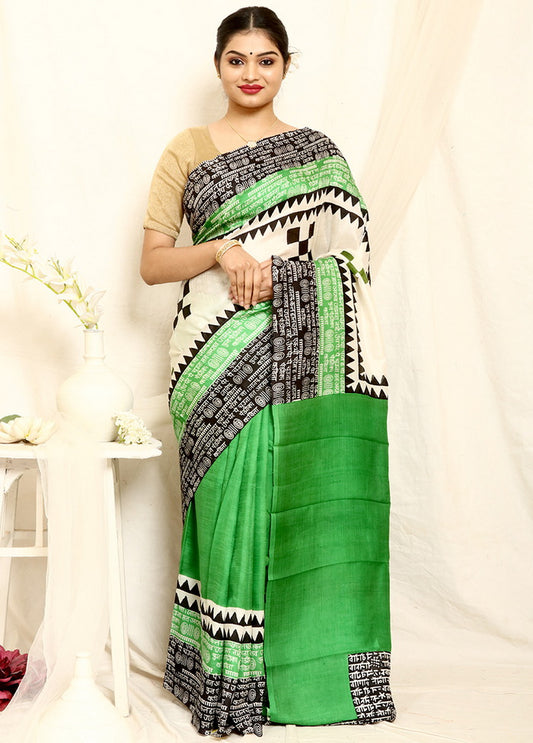 Green Block Printed Pure Silk Mark Certified Bishnupuri Silk Sarees