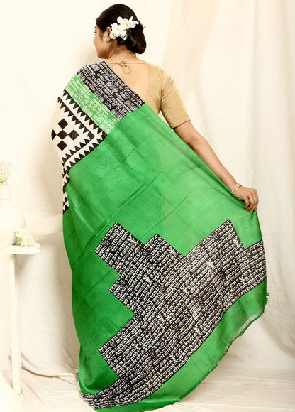 Green Block Printed Pure Silk Mark Certified Bishnupuri Silk Sarees