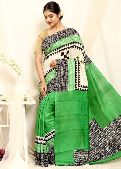 Green Block Printed Pure Silk Mark Certified Bishnupuri Silk Sarees