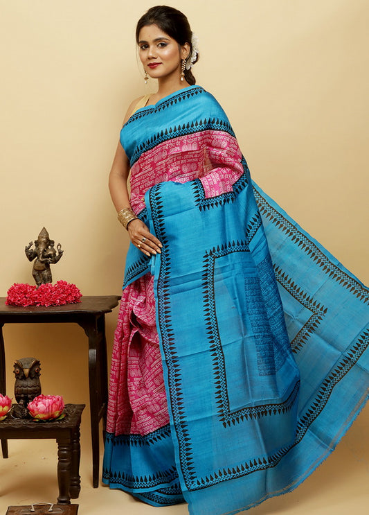 Blue & Pink Pure  Silk Mark Certified Bishnupuri Silk Sarees