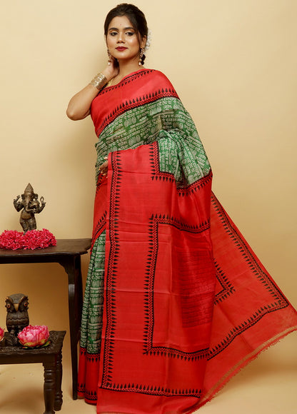 Green & Red Block Print Silk Mark Certified Bishnupuri Silk Sarees