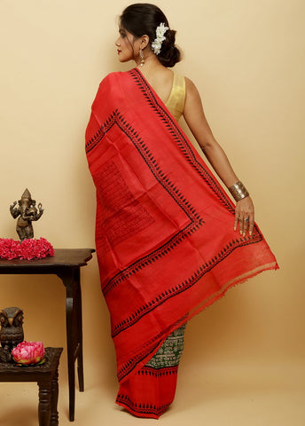 Green & Red Block Print Silk Mark Certified Bishnupuri Silk Sarees