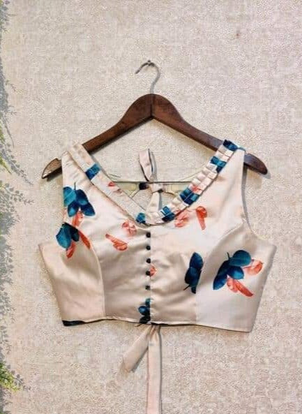 Hand Painted V Neck Pleats & Potli Button Detailing Blouses(Add To Cart 15% Off)