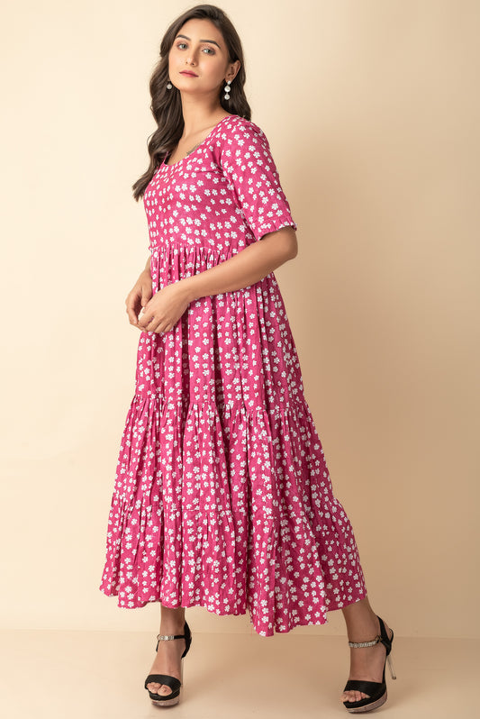 Reddish Pink Cotton Maxi Indo Western  Wear Dress with white block print flowers