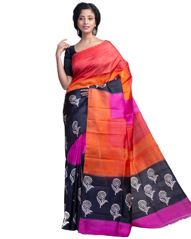 Purple Orange Block Printed Pure KK Silk Mark Certified Bishnupuri Silk Sarees