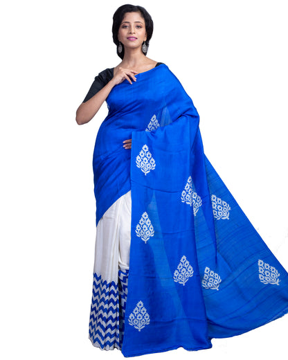 Blue Block Printed Pure Silk Mark Certified Bishnupuri Silk Sarees