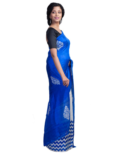 Blue Block Printed Pure Silk Mark Certified Bishnupuri Silk Sarees