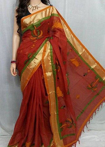 Brown Applique Work Pure Cotton Sarees - Dailybuyys