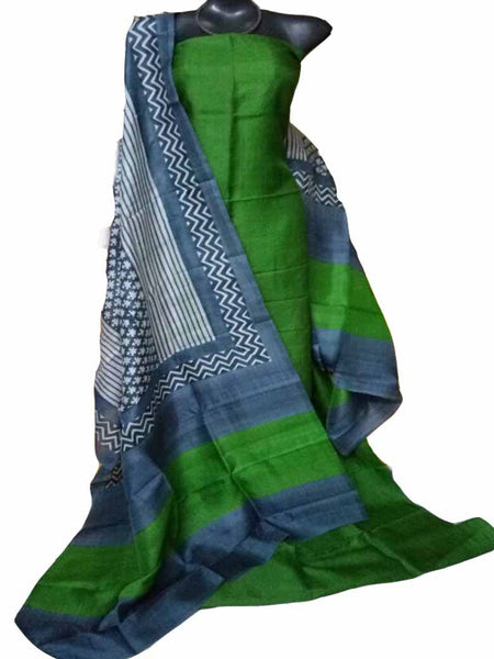 Handpicked Green & Grey Block Printed Design Pure Silk Top & Dupatta