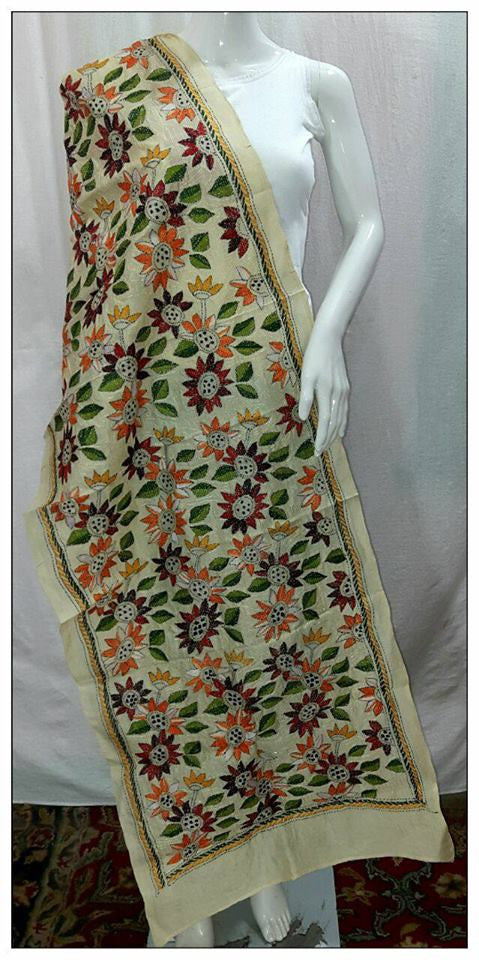 Handpicked Off White & Green, Red Pure Silk Mark Certified Tussar Kantha Stitch Stoles