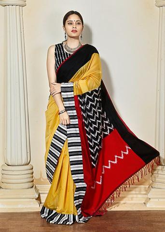 Yellow Black Block Printed Pure Silk Mark Certified Bishnupuri Silk Sarees