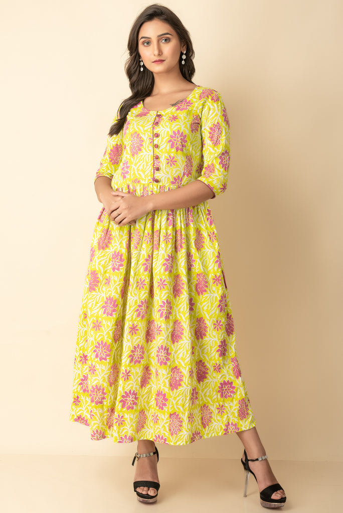 Lime Yellow Hand Block Printed Kurtis dress Indo Western  Wear Get Extra 10% Discount on All Prepaid Transaction