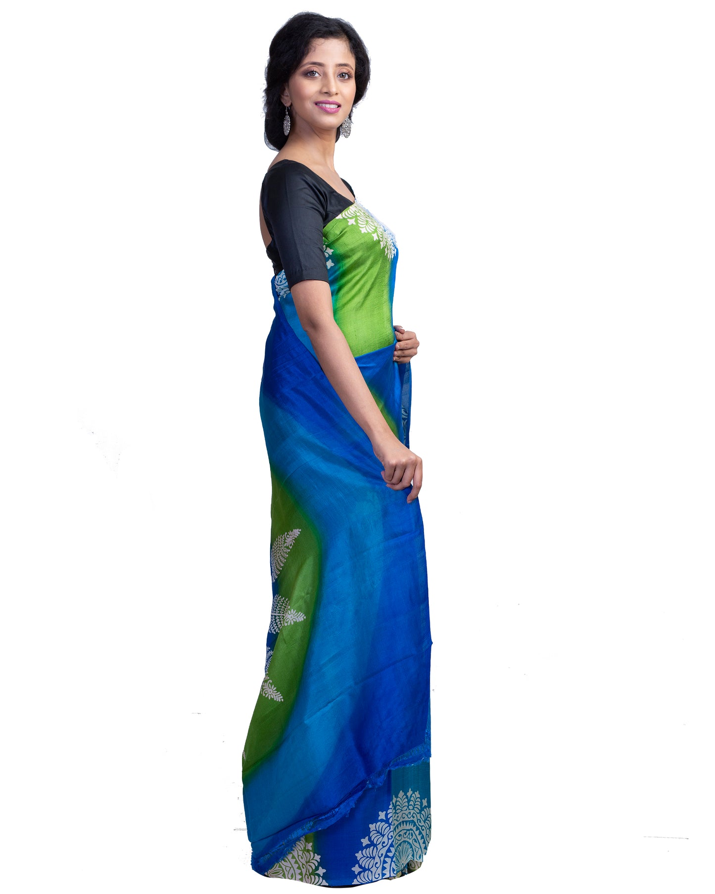 Blue Block Printed Pure Silk Mark Certified Bishnupuri Silk Sarees