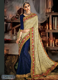 Beige Blue Pure Lycra Net Sarees - Dailybuyys