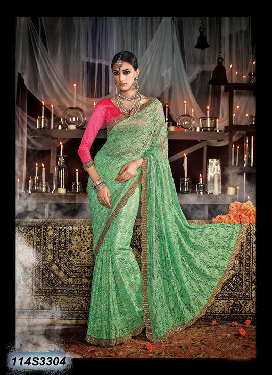 Green Pink Jaquard Net Sarees