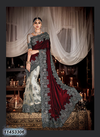 Maroon Grey Velvet Net Sarees