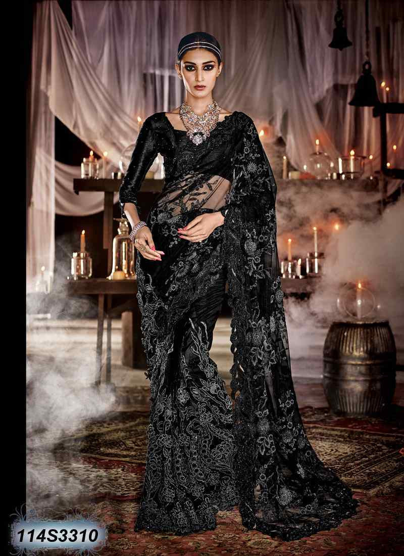 Womens Fashion Clothes Thread Work Embroidered Net Black Saree|SARV122498