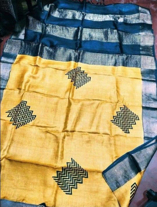 Yellow Blue Block Printed Zari Border Pure Silk Mark Certified Tussar Silk Sarees - Dailybuyys