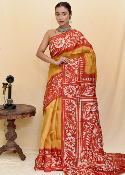 Red & Yellow Hand Painted Pure Silk Mark Certified Bishnupuri Silk Sarees