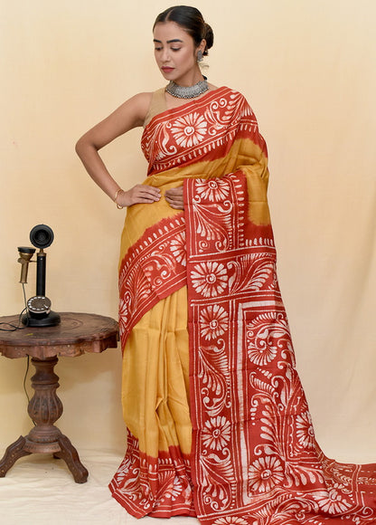 Red & Yellow Hand Painted Pure Silk Mark Certified Bishnupuri Silk Sarees