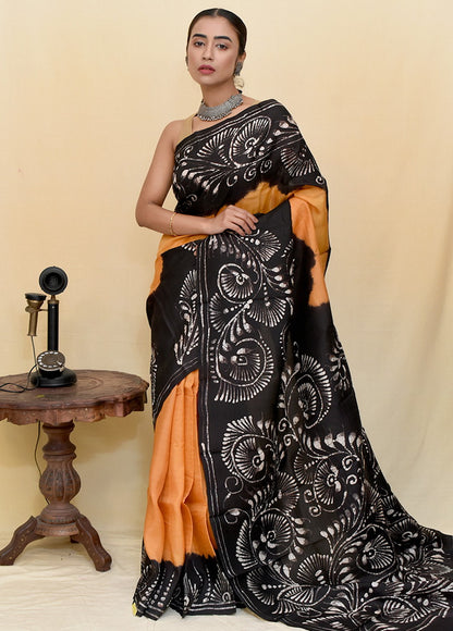 Black & Yellow Hand Painted Silk Mark Certified Bishnupuri Silk Sarees