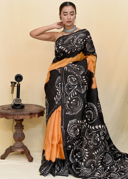 Black & Yellow Hand Painted Silk Mark Certified Bishnupuri Silk Sarees