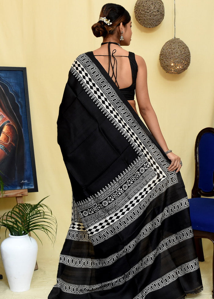 Black Block Print Silk Mark Certified Bishnupuri Silk Sarees