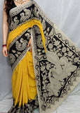Yellow, Black Pure Cotton Print Kalamkari Sarees