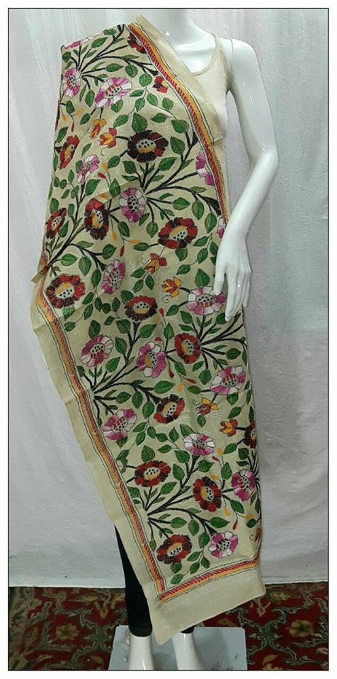 Handpicked Off White & Green,Magenta Pure Silk Mark Certified Tussar Kantha Stitch Stoles