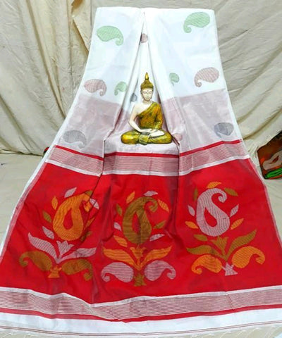 White Red Pure Cotton Handloom Sarees