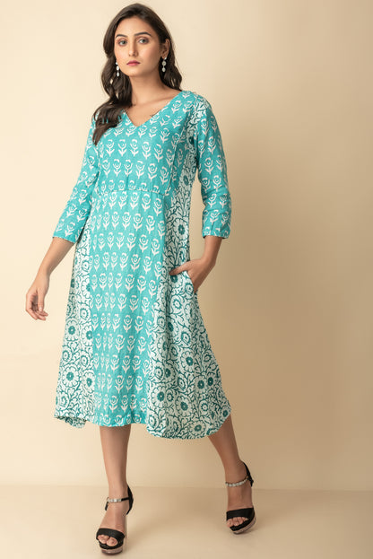 Teal and white Hand block printed kurtis dress Red Imported Long Indo Western Kurtis  Wear