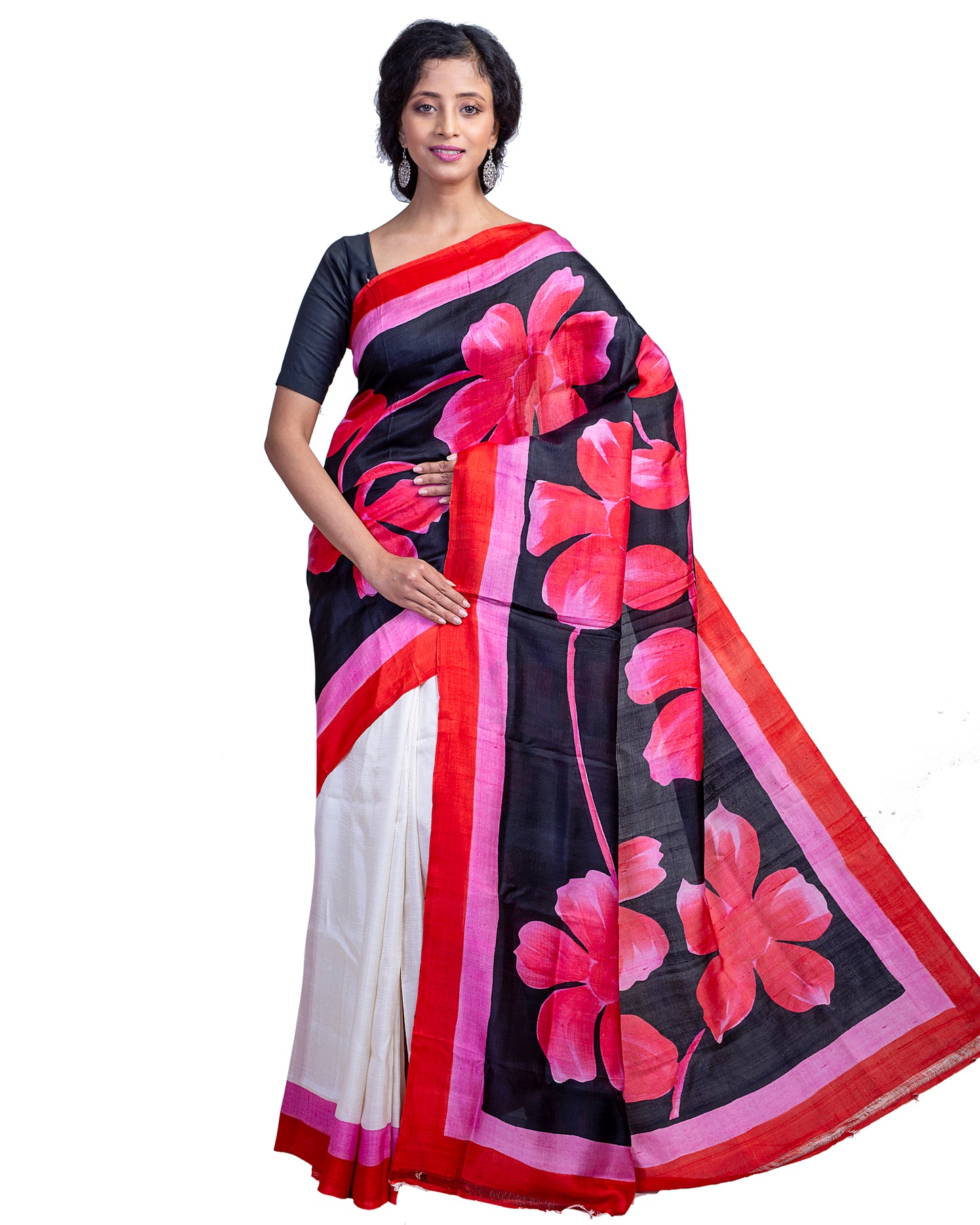 Red Hibiscus Hand Painted Pure Silk Mark Certified Bishnupuri Silk Sarees