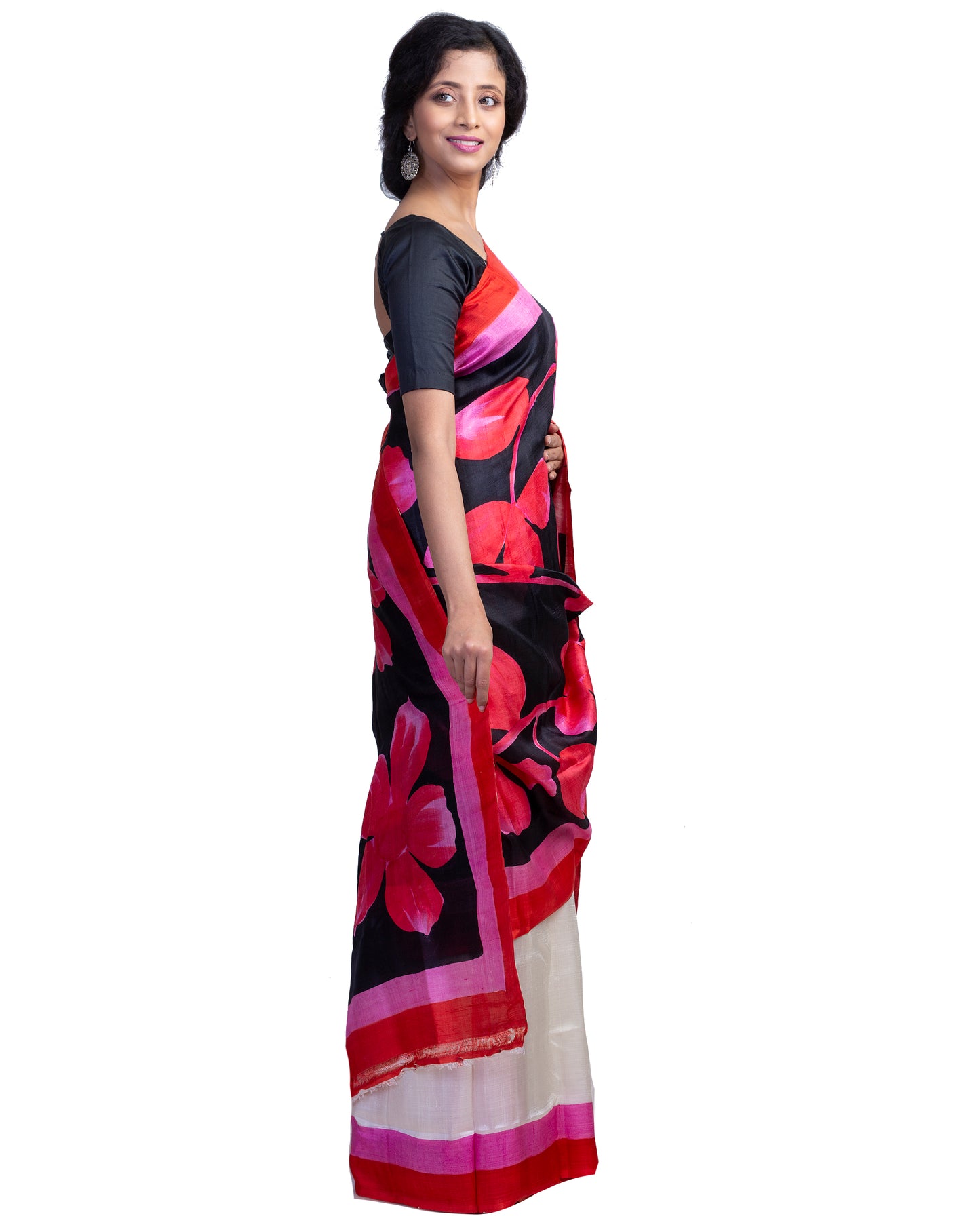 Red Hibiscus Hand Painted Pure Silk Mark Certified Bishnupuri Silk Sarees