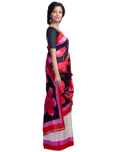 Red Hibiscus Hand Painted Pure Silk Mark Certified Bishnupuri Silk Sarees