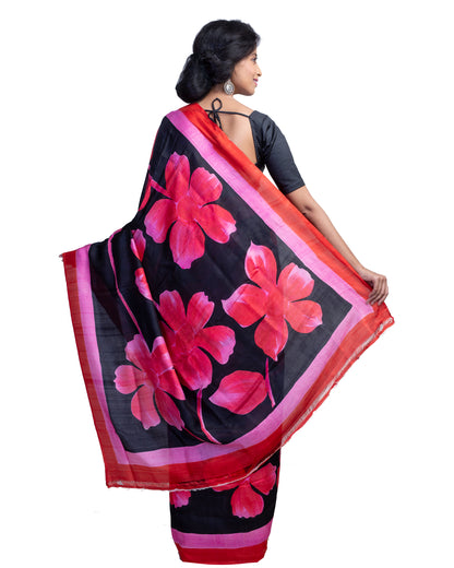 Red Hibiscus Hand Painted Pure Silk Mark Certified Bishnupuri Silk Sarees