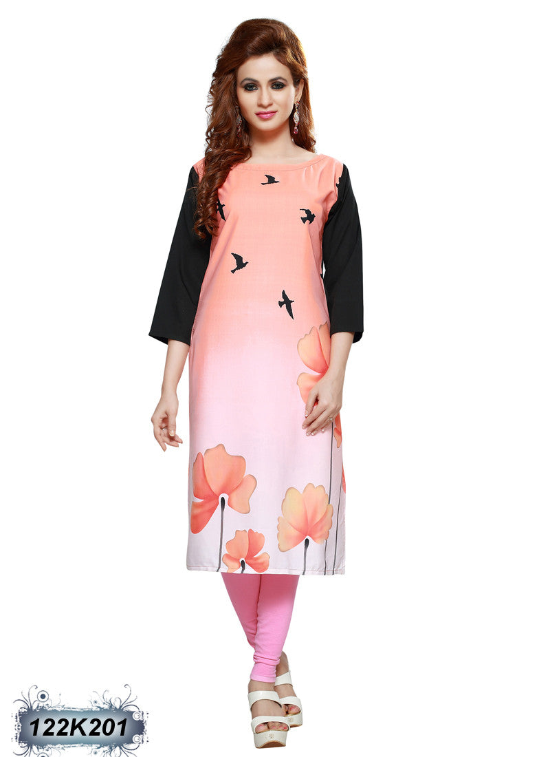 Peach Poly Crepe Stitched Printed Kurtis