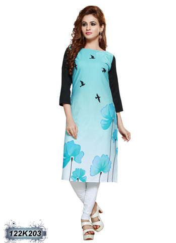 Blue Poly Crepe Stitched Printed Kurtis Get Extra 10% Discount on All Prepaid Transaction